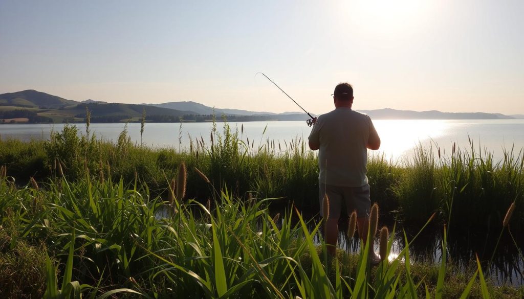 A serene summer day by a tranquil lake, the surface reflecting the golden rays of the sun. In the foreground, a skilled angler casts his line, patiently waiting for the telltale splash of a carp taking the bait. The middle ground features lush green foliage, with reeds and cattails swaying gently in the warm breeze. In the background, rolling hills and a cloudless sky create a picturesque landscape, setting the stage for an idyllic carp-fishing scene. The lighting is soft and natural, creating a warm, inviting atmosphere. The camera angle is slightly elevated, capturing the entire tableau in a wide, panoramic view.