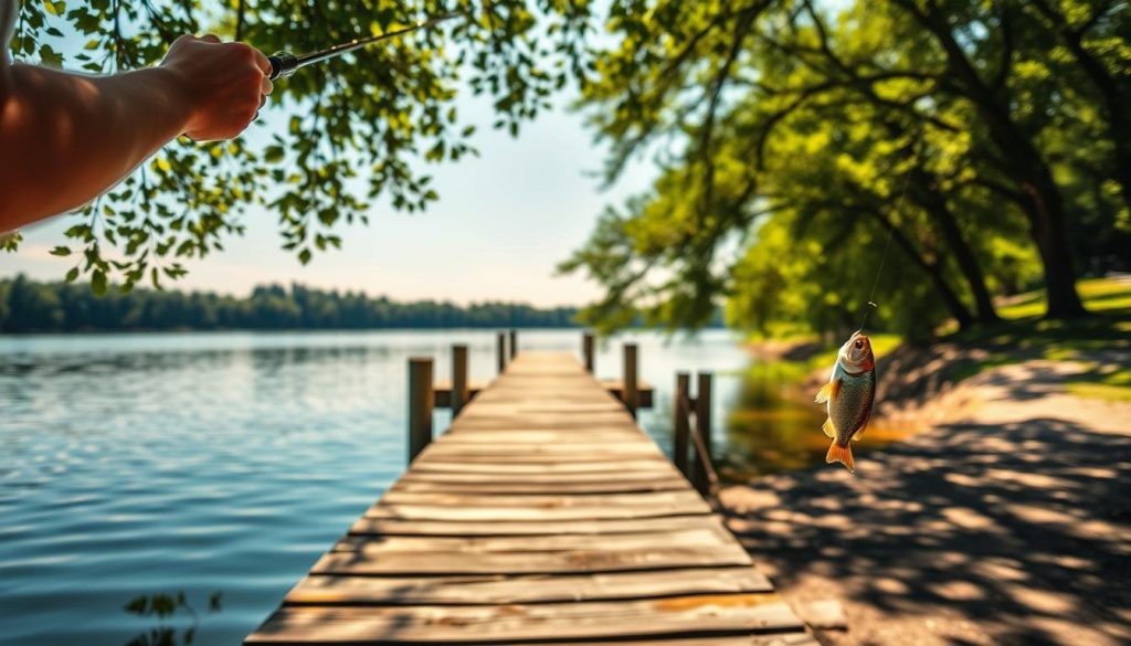 A serene summer fishing scene by a tranquil lake. In the foreground, a seasoned angler casts a line, their bait glistening in the warm sunlight. The middle ground reveals a picturesque dock, its weathered planks leading into the still, reflective waters. In the background, lush green trees sway gently, their leaves casting dappled shadows on the scene. The overall atmosphere is one of relaxation and connection with nature, inviting the viewer to imagine the thrill of a catch on a pleasant summer day.
