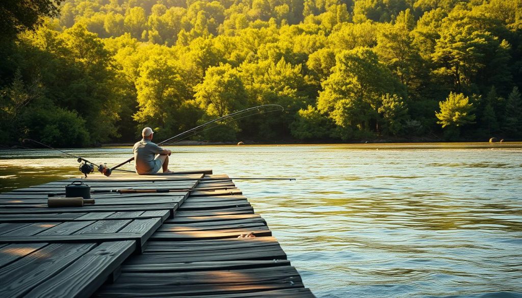 A serene summer fishing scene set along a picturesque river bank. In the foreground, a well-worn wooden pier juts out over the gently flowing water, its weathered planks dotted with fishing rods and tackle. Further back, a lush forest of verdant trees and foliage forms a verdant backdrop, their dappled shadows playing across the river's surface. The warm golden light of the afternoon sun bathes the entire scene, casting a tranquil glow and highlighting the tranquil mood. A lone figure sits patiently on the pier, their silhouette reflecting the stillness of the moment, entirely immersed in the timeless ritual of the summer fishing season.