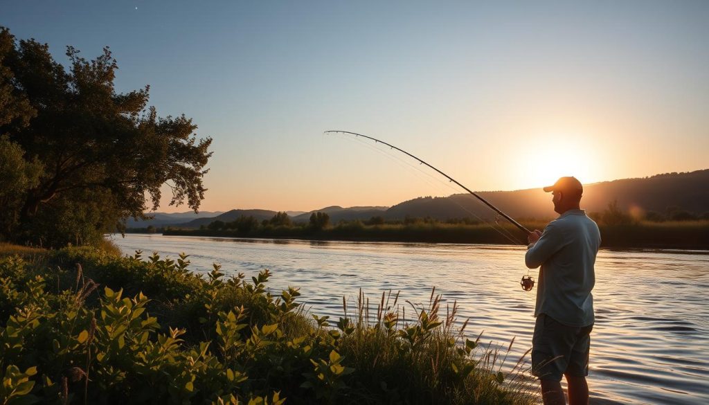 A serene summer fishing scene, set along the banks of a tranquil Ukrainian river. In the foreground, a fisherman casts their line into the gently rippling water, their silhouette backlit by the warm evening sun. The middle ground features lush, verdant foliage lining the riverbank, complemented by the soft golden glow of the fading daylight. In the background, a picturesque landscape unfolds, with distant rolling hills and a clear, star-filled night sky. The atmosphere is one of peaceful relaxation, with a sense of the tranquility and natural beauty that make summer night fishing in Ukraine so captivating.