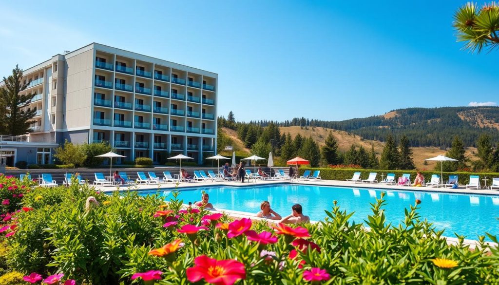 A serene, sun-drenched scene of a picturesque Ukrainian holiday resort. In the foreground, a lush, well-maintained garden with vibrant flowers and verdant foliage. Beyond, a modern, multi-story resort building with a sleek, contemporary design. A sparkling blue swimming pool reflects the azure sky, surrounded by chaise lounges and umbrellas. In the background, rolling hills dotted with pine trees create a peaceful, natural backdrop. Families and friends lounge poolside, enjoying the tranquil atmosphere. Crisp, even lighting illuminates the scene, capturing the relaxing ambiance of a quintessential Ukrainian resort getaway.