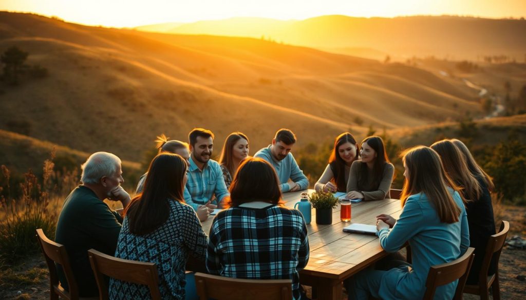 A serene Ukrainian landscape at golden hour, with a rolling hillside in the background bathed in warm hues. In the foreground, a group of people gathered around a wooden table, engaged in a lively discussion. They are sharing practical advice and strategies for achieving success, their faces lit by the soft, natural lighting. The middle ground features a blend of traditional and modern elements, representing the blend of old and new in Ukrainian culture. The overall atmosphere is one of collaboration, inspiration, and a sense of community working towards a common goal.