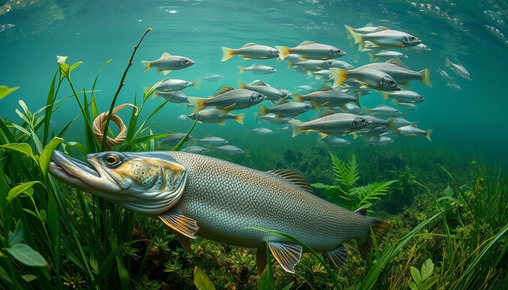 A serene underwater scene showcasing the diverse biology of freshwater fish. In the foreground, a majestic pike rests among lush aquatic vegetation, its streamlined body and sharp teeth capturing its predatory nature. In the middle ground, a school of silver-scaled roach darts through the water, their movements graceful and synchronized. The background reveals a tranquil river bed, illuminated by soft, natural lighting filtering through the crystal-clear water. The composition emphasizes the harmony between the fish and their aquatic environment, highlighting the intricate interplay of their adaptations and behaviors.