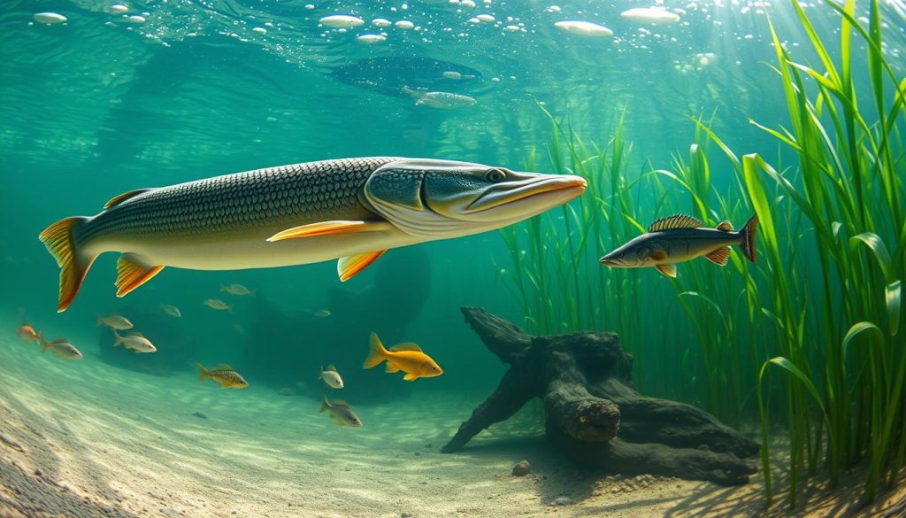 A serene underwater scene showcasing the natural behaviors of various freshwater fish. In the foreground, a majestic pike glides effortlessly, its angular body and keen eyes scanning the murky depths for prey. Surrounding it, a school of vibrant, darting roach and an inquisitive catfish sifting through the sandy bottom. In the middle ground, a graceful zander hovers near a submerged log, its distinctive spiny dorsal fin cutting through the water. The background is filled with a lush, verdant aquatic landscape, with swaying aquatic plants and dappled sunlight filtering through the water's surface, creating a calming, naturalistic atmosphere.