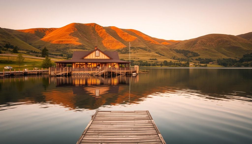 A serene view of a picturesque reservoir nestled amidst rolling hills, with a cozy diner perched on the shore. In the foreground, a wooden dock extends into the calm, mirror-like waters, inviting visitors to sit and enjoy the tranquil scene. The middle ground features a charming, rustic-style restaurant, its warm lighting spilling out through large windows, hinting at the delicious meals and welcoming atmosphere within. The background is dominated by lush, verdant hills, their slopes undulating gently and casting long shadows across the reservoir's surface, creating a sense of depth and peaceful seclusion. The overall mood is one of quiet contemplation, with a golden, soft-focus lens capturing the natural beauty and inviting ambiance of this idyllic location.
