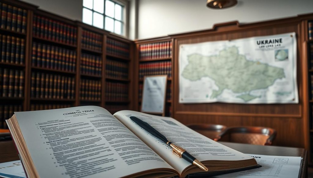 A serene, well-lit interior scene showcasing the legislative framework governing Ukraine's commercial fishing industry. In the foreground, an open book displays detailed regulations and legal statutes, with a quill pen and official-looking documents nearby. In the middle ground, a map of Ukraine's coastal regions is pinned to the wall, highlighting key fishing areas and zones. The background features floor-to-ceiling bookshelves filled with leather-bound law volumes, conveying a sense of authority and institutional knowledge. The overall mood is one of professionalism, order, and the careful administration of the country's fisheries.