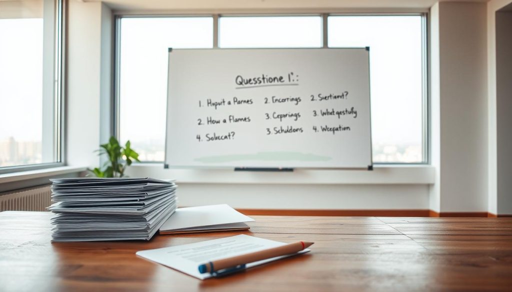 A serene, well-lit office space with a clean, minimalistic aesthetic. In the foreground, a wooden desk holds a stack of papers and a pen, symbolizing the process of gathering and addressing questions. The middle ground features a whiteboard or flipchart, with handwritten questions and answers emerging from the surface, representing the problem-solving dialogue. The background showcases a large window overlooking a tranquil cityscape, suggesting a contemplative environment conducive to finding solutions. Warm, diffused lighting creates a sense of clarity and focus, while the overall composition evokes a balanced, organized approach to problem-solving.