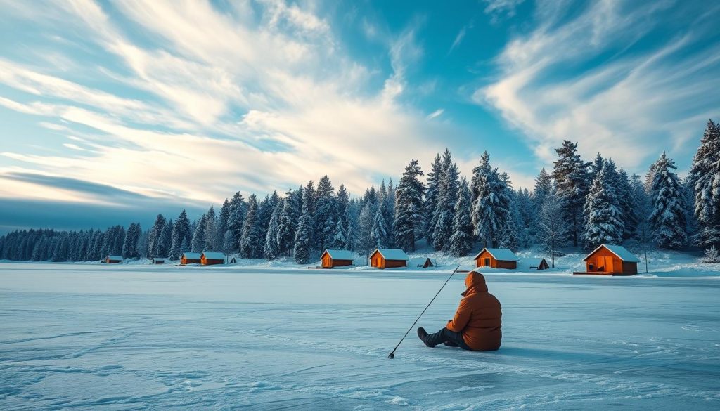 A serene winter fishing scene in the heart of Ukraine. In the foreground, a solitary fisherman sits patiently on a frozen lake, his ice fishing rod poised to catch the catch of the day. The middle ground is dotted with small igloos and tents, their warm glow contrasting against the crisp, snow-covered landscape. In the distance, a line of towering pine trees frames the scene, their branches heavy with fresh snow. The sky above is a brilliant azure, with wispy clouds drifting lazily overhead. The overall mood is one of tranquility and solitude, capturing the essence of a traditional Ukrainian winter fishing expedition.