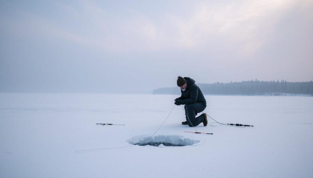 A serene winter landscape on a frozen lake, with a lone fisherman carefully threading a line through a hole in the ice. The scene is bathed in a soft, diffused light, creating a tranquil atmosphere. The fisherman's movements are precise and focused, their gear minimal, reflecting the "техника безбарахольной ловли" approach. In the distance, snow-capped trees line the shore, while wispy clouds drift overhead. The overall composition conveys the unique challenge and quiet contemplation of ice fishing, capturing the essence of the "Особенности зимней рыбалки и применение техники без насадки" section.