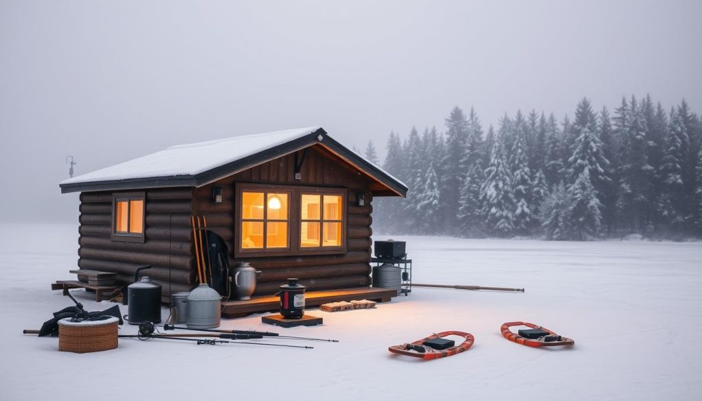 A serene winter landscape, with a cozy fishing hut nestled on the frozen lake. The hut's warm glow radiates through the frosty windows, inviting the viewer in. Snowflakes drift gently, casting a soft, diffused light over the scene. In the foreground, a well-equipped setup for ice fishing, with rods, tackle, and a small stove to keep the anglers warm. A pair of snowshoes rests nearby, ready for the trek back to the hut. The background features a towering pine forest, its evergreen boughs dusted with a layer of pristine snow. The overall atmosphere conveys a sense of tranquility and the joy of escaping the cold to indulge in the peaceful pursuit of winter fishing.