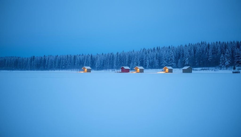 A serene winter landscape, with a frozen lake in the foreground. In the middle ground, a group of ice fishing huts dotting the ice, their warm lights casting a soft glow. In the background, a dense forest of snow-capped pines, the sky a dusky blue hue. The scene is illuminated by a soft, natural light, as if just before sunrise. The ice is smooth and pristine, inviting the viewer to imagine the perfect spot for a quiet, contemplative day of ice fishing for pike. The overall mood is one of peaceful solitude, with a touch of the adventurous spirit that draws anglers to the frozen waters.