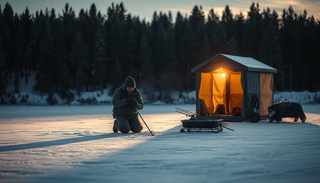 A serene winterscape, with a frozen lake in the foreground, surrounded by a dense pine forest. In the center, a fisherman kneels on the ice, carefully drilling a hole using a hand-powered auger. Nearby, a small shelter provides refuge from the elements, its warm glow spilling out through the opening. The low-angled winter sun casts long shadows across the landscape, creating a sense of tranquility and focus. The fisherman's gear, including a set of ice fishing rods and a small sled, is neatly arranged nearby, reflecting the meticulous preparation required for this seasonal pursuit. An atmospheric scene that captures the essence of winter fishing techniques.