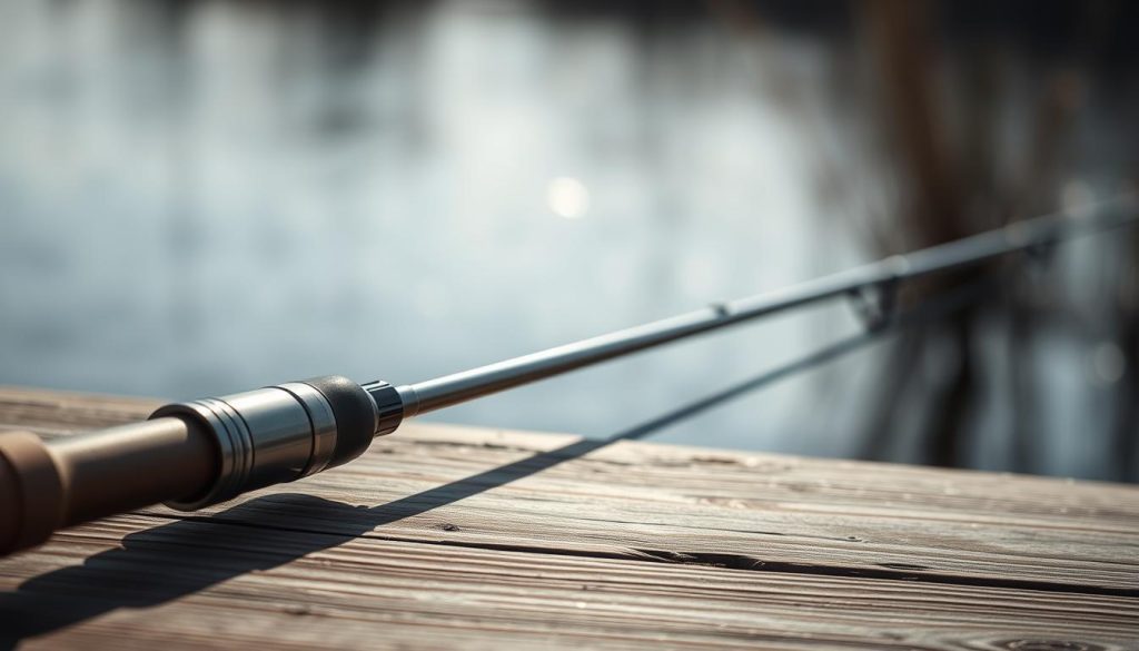 A sleek and modern fishing rod lies on a wooden surface, its length prominently displayed. The rod's metallic body gleams under soft, directional lighting, casting subtle shadows that emphasize its graceful curves. In the background, a blurred, tranquil natural setting evokes a serene, outdoor atmosphere. The composition highlights the rod's key specifications, inviting the viewer to appreciate the technical details that make it an essential tool for the discerning angler. The overall mood is one of understated elegance and functionality, perfectly suited to illustrate the "Ключевые характеристики спиннинга" section of the article.