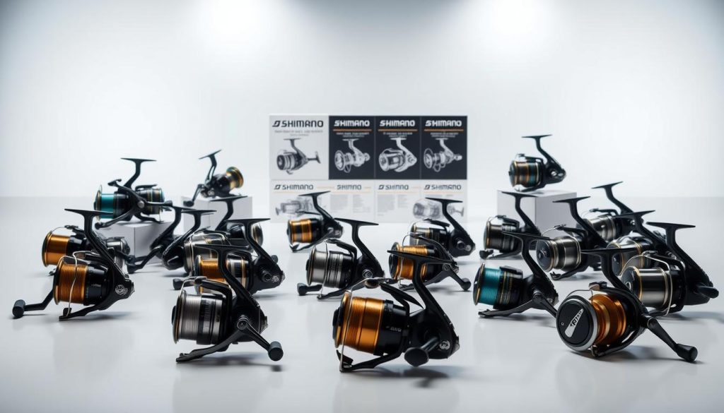 A sleek and well-lit studio scene showcasing a diverse selection of Shimano fishing reels. The foreground features a collection of various reel models, each detailed with their unique designs, sizes, and color schemes. The middle ground includes some technical diagrams or exploded views highlighting the internal components and mechanics of the reels. The background has a clean, minimalist backdrop, potentially with subtle branding or product information. The lighting is soft and directional, accentuating the smooth surfaces and intricate details of the reels. The overall atmosphere conveys a sense of precision, quality, and the expertise that Shimano brings to the world of fishing equipment.