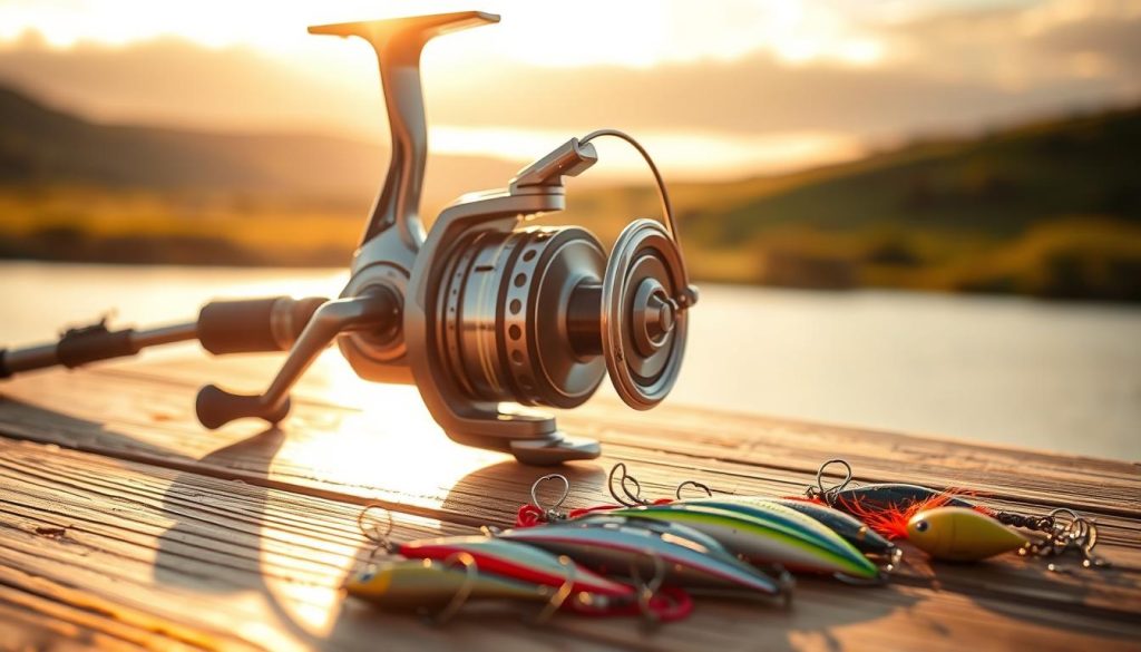 A sleek fishing reel sits on a wooden table, bathed in warm, golden light. The reel's metal body gleams, its intricate gears and mechanisms visible through the transparent housing. In the foreground, a selection of lures and hooks are neatly arranged, their vibrant colors and textures hinting at the underwater world they inhabit. In the background, a serene landscape unfolds, with rolling hills and a peaceful lake, suggesting the tranquil setting where this reel will be used for a day of relaxing and rewarding trolling.