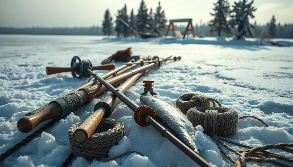 A snow-covered lakeside scene, with an array of traditional Russian winter fishing gear laid out in the foreground. Sturdy wooden rods, hand-carved ice augers, and coils of thick braided line rest on a backdrop of glistening ice and distant pine trees. The lighting is soft and diffused, creating a serene, wintry atmosphere. The overall composition emphasizes the rustic, time-honored tools and techniques of ice fishing, perfectly suited for the pursuit of the elusive burbot (налим) during the cold winter months.