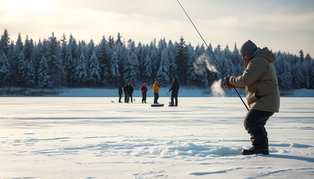 A snowy lakeside landscape in winter, with anglers carefully drilling holes through the thick ice. In the foreground, a fisherman in warm winter gear pulls a line up from the frigid waters, his breath visible in the crisp air. In the middle ground, several people stand around their fishing holes, patiently waiting for a bite. The background features a pine forest bordering the frozen lake, the trees dusted with a layer of pristine white snow. Soft, diffused natural lighting illuminates the scene, creating a serene and peaceful atmosphere. The image conveys the tranquility and skill required for the art of ice fishing.