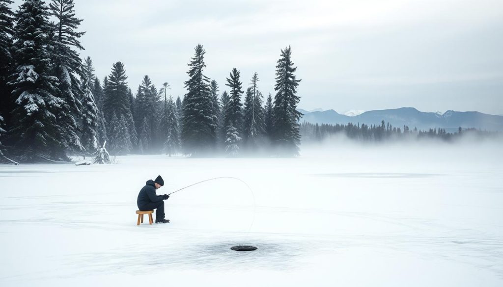 A snowy winter landscape in northern Ukraine, with a frozen lake surrounded by tall pine trees. In the foreground, a lone ice fisherman sits on a stool, his line cast through a hole in the thick ice. Mist hangs in the air, creating a sense of tranquility and isolation. The sky is overcast, casting a soft, even light across the scene. In the distance, the silhouettes of mountains can be seen, adding depth and scale to the composition. The mood is serene and contemplative, capturing the essence of a traditional Ukrainian winter fishing experience.