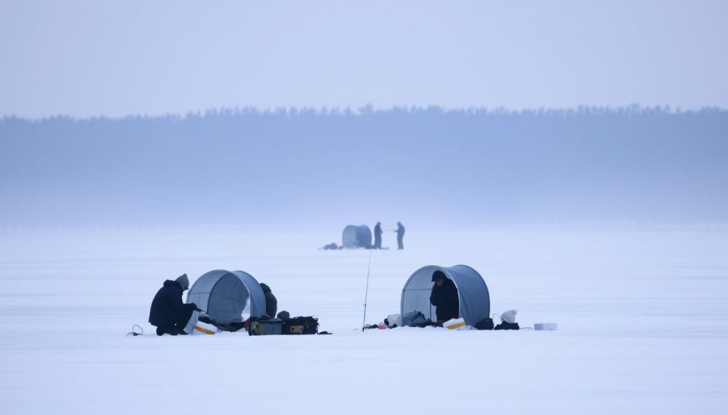 A snowy winter landscape with a frozen lake in the foreground. In the middle ground, a group of fishermen are gathered around their ice fishing shelters, their gear and equipment visible. In the background, a dense forest of bare trees stretches out, the sky a muted grey. Soft, diffused lighting illuminates the scene, creating a serene and peaceful atmosphere. The fishermen are intently focused on their lines, their faces and bodies partially obscured by the shelters, conveying the technical aspects of ice fishing. The overall composition highlights the isolation and solitude of the activity, the fishermen immersed in the tranquility of the frozen waterscape.