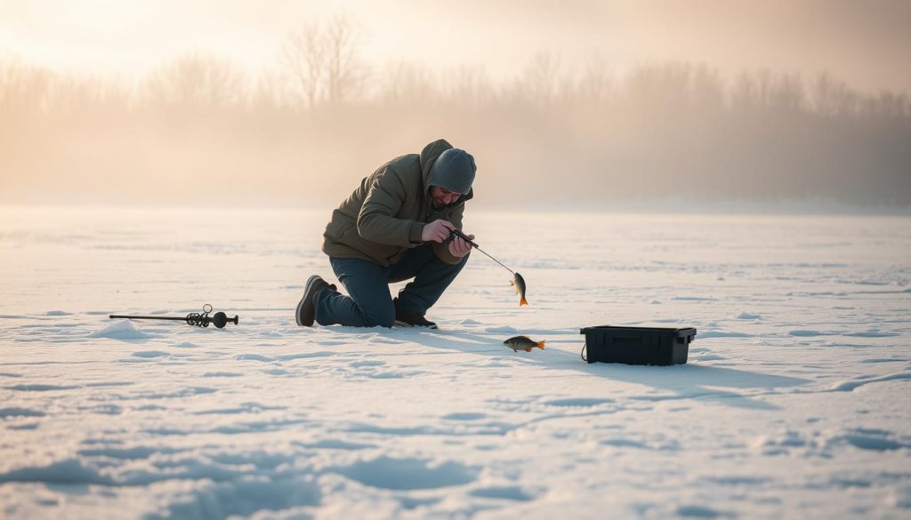 A snowy winter landscape, with a frozen lake or river in the foreground. In the center, a fisherman kneeling on the ice, intently focused on the water as they work a metal balancer lure, delicately jiggling it to attract a hungry perch. The light is soft and diffuse, casting a hazy, atmospheric glow over the scene. The fisherman's gear - ice auger, tackle box, and warm clothing - are visible, conveying the challenges and techniques of ice fishing for perch. The background features a wooded shoreline, with bare trees and muted tones that complement the primary subject. The overall mood is one of peaceful concentration and the thrill of the hunt, set against the tranquil, wintry setting.