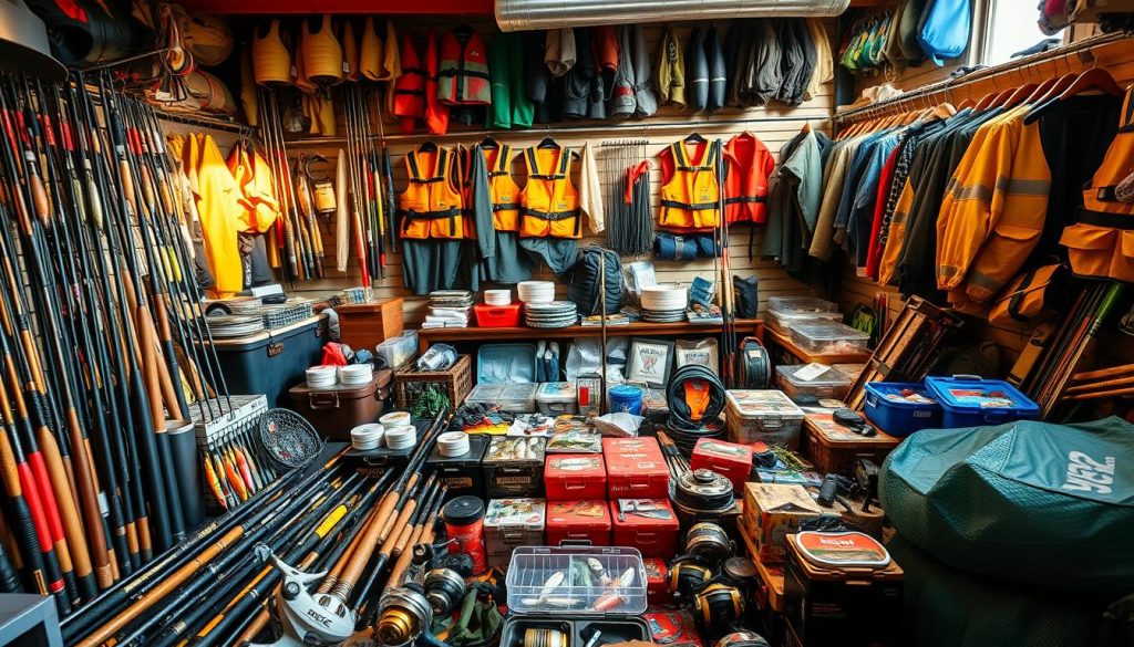 A sprawling display of fishing gear and equipment, bathed in warm, natural lighting. In the foreground, an array of rods, reels, and lures in various shapes and colors. In the middle ground, a selection of tackle boxes, nets, and other essential accessories. The background showcases a diverse selection of waders, life jackets, and other apparel, creating a sense of depth and breadth. The overall composition conveys a sense of abundance and caters to the needs of the avid angler, reflecting the wide range of products available for their adventurous pursuits.
