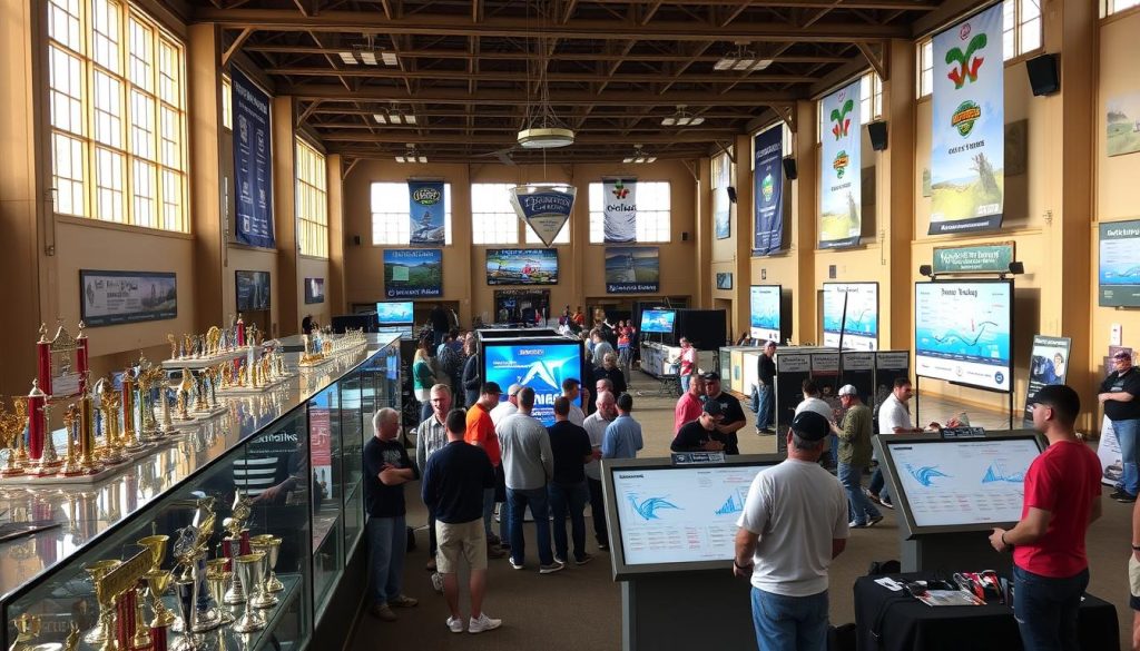 A sprawling indoor exhibition hall, bathed in warm, natural lighting from tall windows. In the foreground, display cases showcasing an array of trophies, medals, and other accolades earned at recent fishing tournaments. In the middle ground, anglers gather around large screens, intently studying detailed charts and graphs depicting the results and statistics of these competitive events. In the background, banners and posters adorn the walls, highlighting the names and logos of the organizers, sponsors, and champion fishermen. The overall atmosphere conveys a sense of accomplishment, camaraderie, and the proud celebration of a vibrant fishing culture.