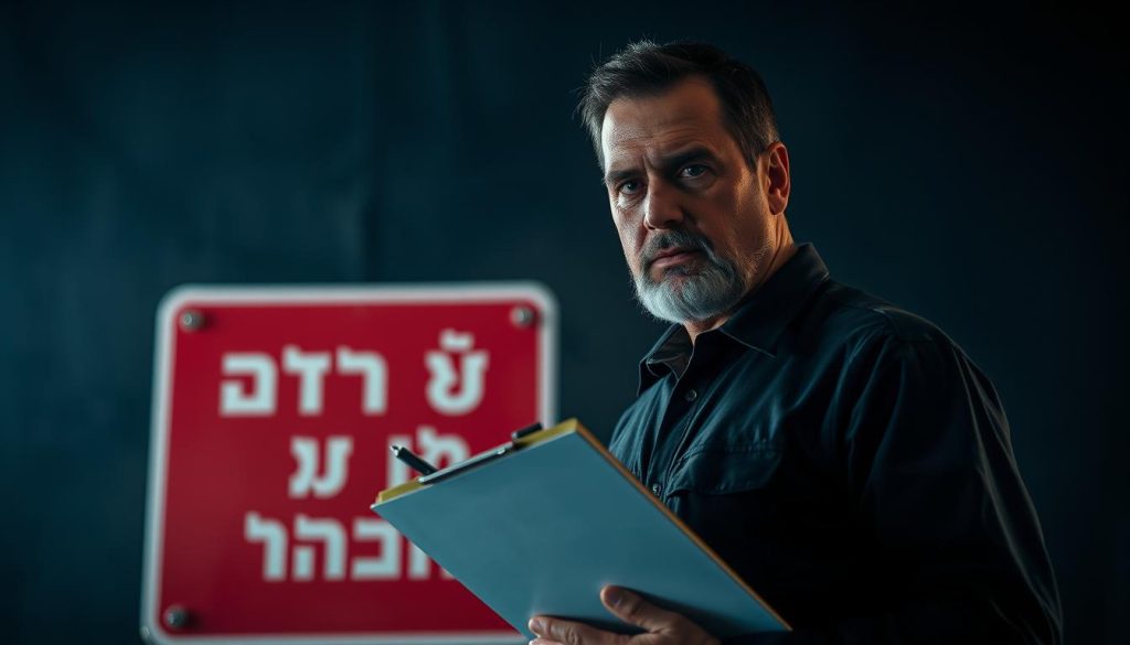 A stern-faced authority figure holding a clipboard and pen, standing in front of a large red traffic sign that reads "ШТРАФ ЗА НАРУШЕНИЕ ПРАВИЛ". The scene is illuminated by a harsh, directional light, casting dramatic shadows and creating a sense of tension and consequence. The background is hazy and indistinct, focusing the viewer's attention on the central figure and the warning sign. The overall mood is one of stern warning and the serious consequences of disobeying the established rules and regulations.