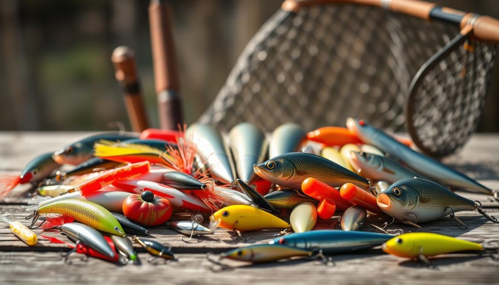 A still life arrangement of the top baits and lures for catching perch, shot in natural daylight with a shallow depth of field. The foreground features a selection of soft plastic grubs, jigs, and crankbaits in a range of natural and vibrant colors, artfully arranged on a wooden surface. The middle ground showcases a variety of metal and hard plastic lures, their surfaces gleaming in the soft lighting. In the background, blurred but still visible, are fishing rods and a fishing net, hinting at the outdoor, angling setting. The overall mood is one of detail, craftsmanship, and the passion for the sport of perch fishing.