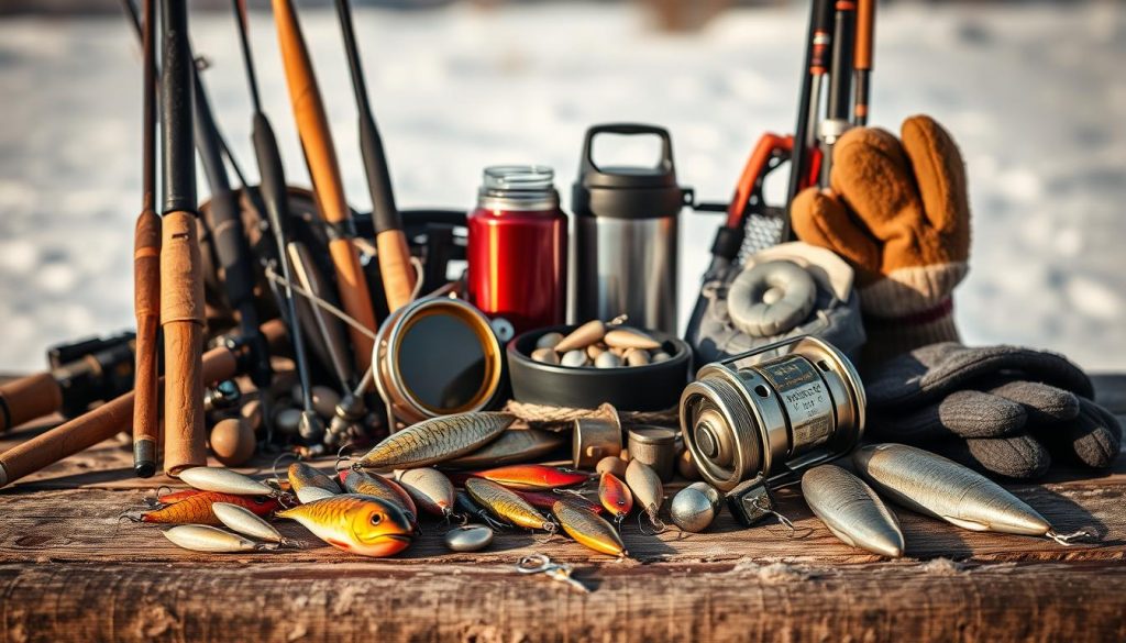 A still life arrangement of winter fishing gear on a rustic wooden surface. In the foreground, a selection of ice fishing rods, reels, and lures in muted, earthen tones. Hooks, sinkers, and other tackle items are neatly organized. In the middle ground, a thermos, bait container, and gloves suggest the practical tools needed for a day on the ice. The background is softly blurred, hinting at a snowy, overcast landscape beyond. Warm, natural lighting casts gentle shadows, creating a cozy, inviting atmosphere for the display of these essential winter angling implements.