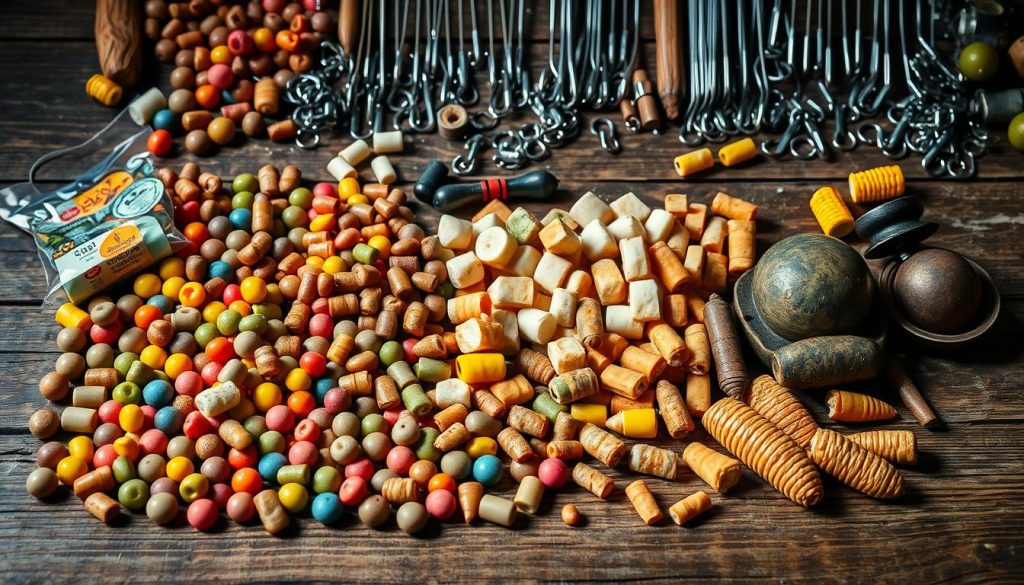 A still life arrangement showcasing an assortment of carp fishing baits and lures. In the foreground, an array of boilies, pellets, and pop-ups in various colors and flavors are neatly displayed on a weathered wooden surface. The middle ground features a selection of carp-specific hook baits, such as corn, bread, and sweetcorn, artfully arranged. In the background, a variety of high-quality terminal tackle, including lead clips, swivels, and rigs, are visible, suggesting a comprehensive setup for carp angling. The lighting is soft and natural, casting gentle shadows that accentuate the textures and details of the baits. The overall composition conveys a sense of expertise, preparation, and the passion for this specialized form of carp fishing.