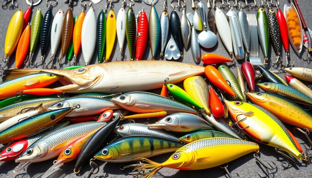A still life arrangement showcasing various lures and baits typically used for pike fishing. The foreground features an assortment of hard baits, such as suspending jerkbaits, lipless crankbaits, and spinnerbaits, in a range of vivid colors and patterns. In the middle ground, soft plastic lures like paddle-tail swimbaits and realistic-looking jerkbait replicas are displayed. The background includes a variety of topwater lures, including popping plugs and walking baits, as well as metal spoons and in-line spinners. The lighting is natural and diffused, creating an even, soft illumination across the scene. The overall mood is one of a well-curated selection of high-quality, effective pike fishing lures.
