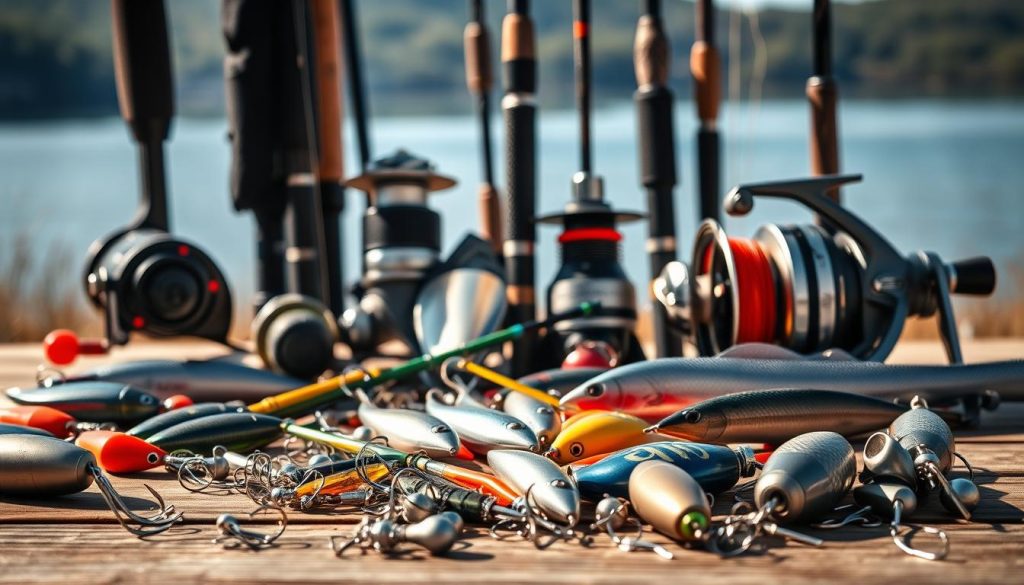 A still life composition depicting a variety of high-quality fishing tackle and equipment. In the foreground, an assortment of lures, hooks, and sinkers are artfully arranged on a wooden surface, their metallic and plastic components reflecting the warm, natural lighting. In the middle ground, a selection of rods and reels of varying sizes and styles stand upright, their sleek, modern designs hinting at their capabilities. In the background, a soft, blurred landscape of a peaceful lake or river setting provides a serene, natural context for the scene. The overall atmosphere is one of expertise, quality, and the joy of the outdoor angling experience.