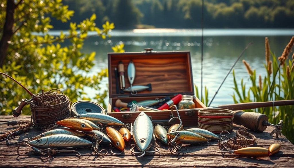 A still life composition showcasing a rustic array of fishing tackle, nestled against a backdrop of a tranquil lakeside setting. In the foreground, an assortment of lures, hooks, and fishing line are carefully arranged, their metallic gleam catching the warm, natural light. In the middle ground, a weathered wooden tackle box stands open, revealing an organized collection of bait and accessories. Beyond, the scene is framed by the lush, verdant foliage of the shoreline, and the glistening surface of the calm, reflective waters. The overall atmosphere evokes a sense of peaceful solitude and the quiet contemplation of the angler's craft.