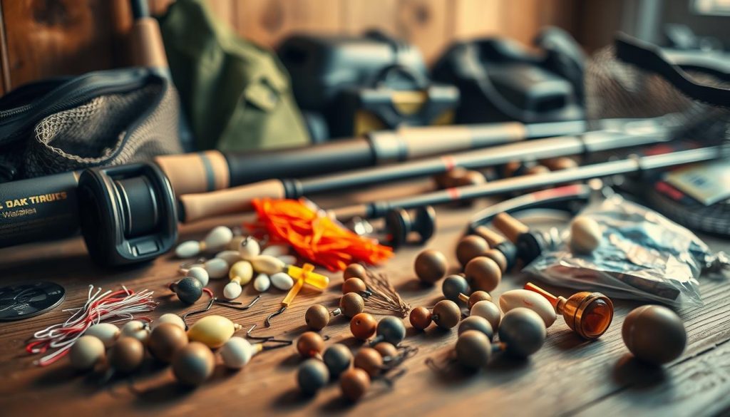 A still life of various carp fishing equipment laid out on a wooden surface, illuminated by warm, natural lighting from the side. In the foreground, there are several carp baits, hooks, and weights arranged neatly. The middle ground features a selection of high-quality rods, reels, and line, showcasing the essential tools for a successful carp fishing expedition. In the background, out of focus, are a few other fishing accessories, such as a landing net, a tackle box, and a waterproof bag, creating a sense of completeness and completeness. The overall mood is one of anticipation and preparation, reflecting the care and attention required for a productive carp fishing session.