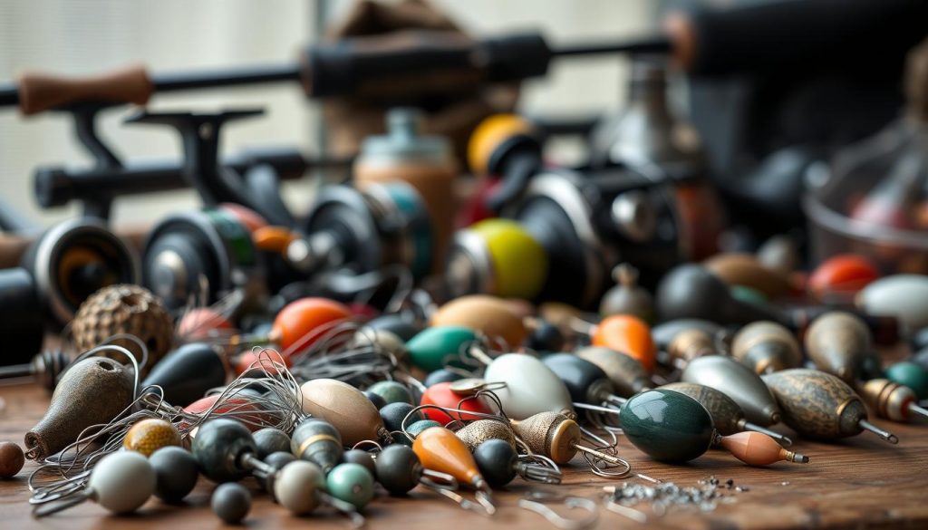 A still life of various feeder fishing tackle, showcasing different types of feeder feeders. In the foreground, an assortment of feeder feeders in different sizes, shapes, and materials, such as wire, plastic, and ceramic, arranged neatly on a wooden surface. In the middle ground, some feeder rods and reels, as well as a selection of baits and accessories. The background is softly blurred, creating a sense of depth and focus on the feeder feeders. The lighting is soft and natural, highlighting the textures and details of the feeder feeders. The overall mood is one of a calm, professional presentation of the different feeder feeder options available for the angler.
