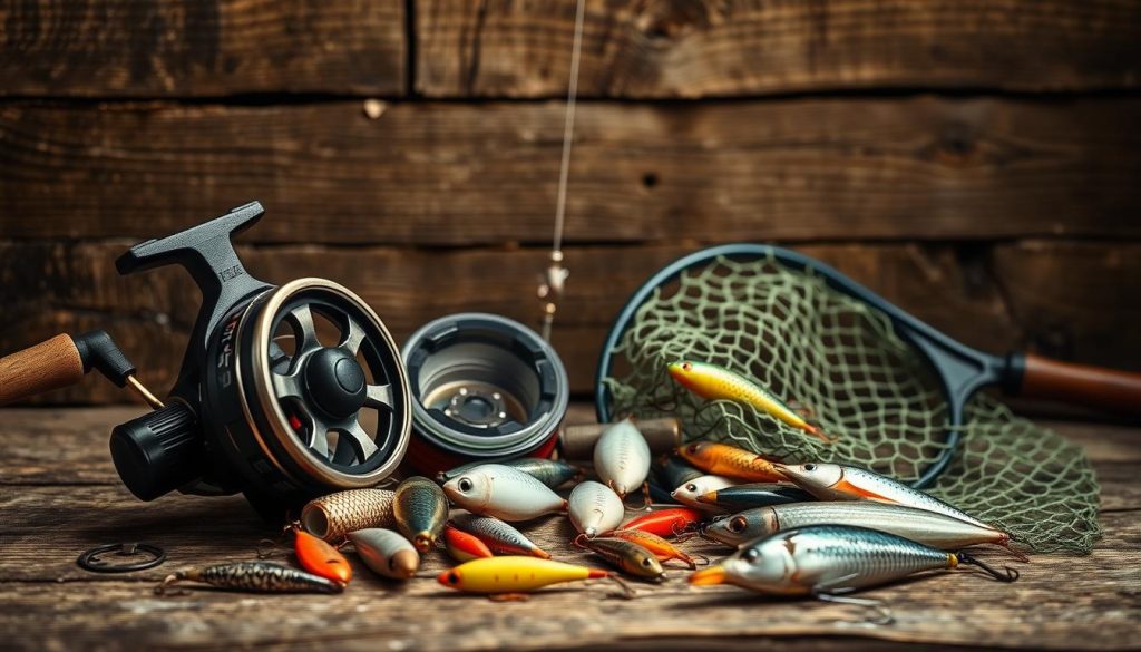 A still life photograph of fishing tackle and equipment for catching carp, including a fishing rod, reel, line, various lures and baits, and a net. The scene is set against a rustic, weathered wooden background, with soft natural lighting casting a warm, earthy glow. The tackle is arranged in an organized, purposeful manner, conveying a sense of preparation and expertise. The overall mood is one of anticipation and focus, evoking the tranquility and skill involved in the art of carp fishing.