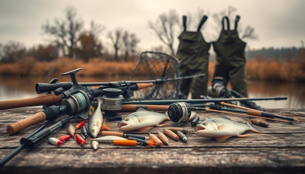 A still life scene of autumn fishing gear for catching zander (pike-perch). In the foreground, a collection of fishing rods, reels, lures, and terminal tackle arranged on a weathered wooden surface. In the middle ground, a fishing net, waders, and other accessories. The background features a muted, autumnal landscape with trees and a calm body of water. The lighting is soft and diffuse, creating a warm, contemplative atmosphere. The composition is balanced and visually appealing, showcasing the essential elements for a successful autumn zander fishing expedition.