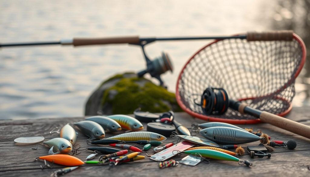 A still life scene of fishing tackle and equipment for spring carp fishing. In the foreground, various lures, hooks, and terminal tackle are neatly arranged on a wooden surface. In the middle ground, a fishing rod, reel, and landing net lean against a moss-covered rock. In the background, a serene lake or river with gentle ripples reflects the soft, diffused natural light. The overall atmosphere evokes a sense of tranquility and preparedness for a successful spring carp fishing expedition. A still life scene of fishing tackle and equipment for spring carp fishing. In the foreground, various lures, hooks, and terminal tackle are neatly arranged on a wooden surface. In the middle ground, a fishing rod, reel, and landing net lean against a moss-covered rock. In the background, a serene lake or river with gentle ripples reflects the soft, diffused natural light. The overall atmosphere evokes a sense of tranquility and preparedness for a successful spring carp fishing expedition.