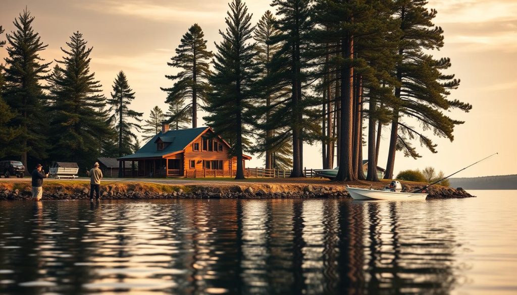 A stunning lakeside scene showcasing the essential services for an exceptional fishing retreat. In the foreground, anglers expertly cast their lines, their silhouettes reflected in the serene, glassy waters. The middle ground features a well-equipped fishing lodge, its wooden facade complementing the natural surroundings. Towering pine trees line the shore, casting soft, dappled shadows. The sky above is a muted, golden hue, creating a warm, inviting atmosphere. High-quality fishing gear, boats, and other amenities are neatly arranged, highlighting the comprehensive services available for the discerning angler. The composition captures the tranquility and abundance of a premier fishing destination.