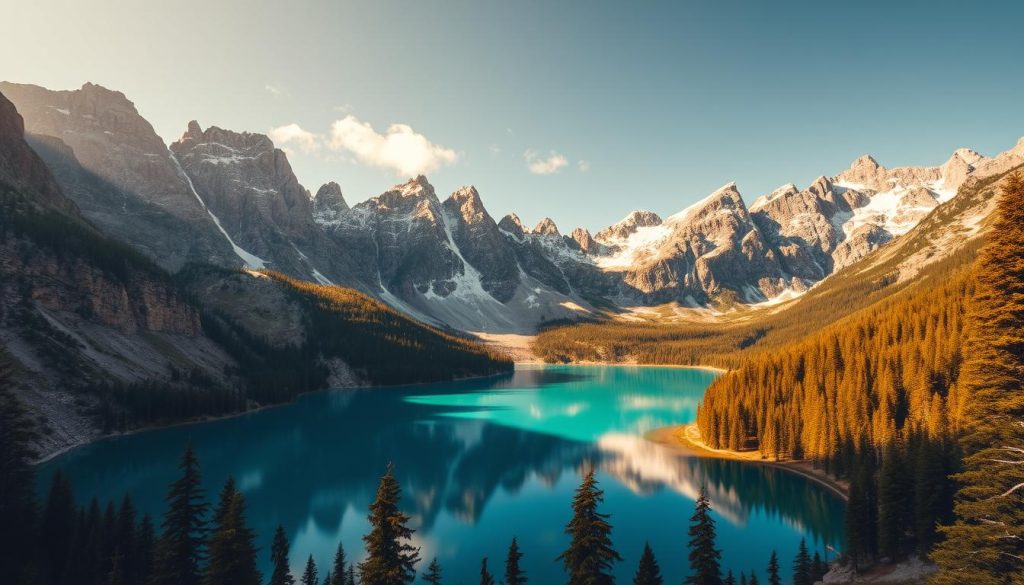 A stunning mountain landscape, featuring a serene, turquoise alpine lake nestled amidst rugged, snow-capped peaks. The water reflects the dramatic, jagged cliffs that rise dramatically from the shore, creating a sense of grandeur and pristine wilderness. Lush, verdant forests line the banks, their trees swaying gently in a cool breeze. The scene is bathed in warm, golden sunlight, casting long shadows and highlighting the intricate textures of the rock formations. In the distance, a wispy cloud drifts overhead, adding to the tranquil, picturesque atmosphere. This is a true natural wonder, a breathtaking representation of the stunning mountain lakes found in the heart of Ukraine.