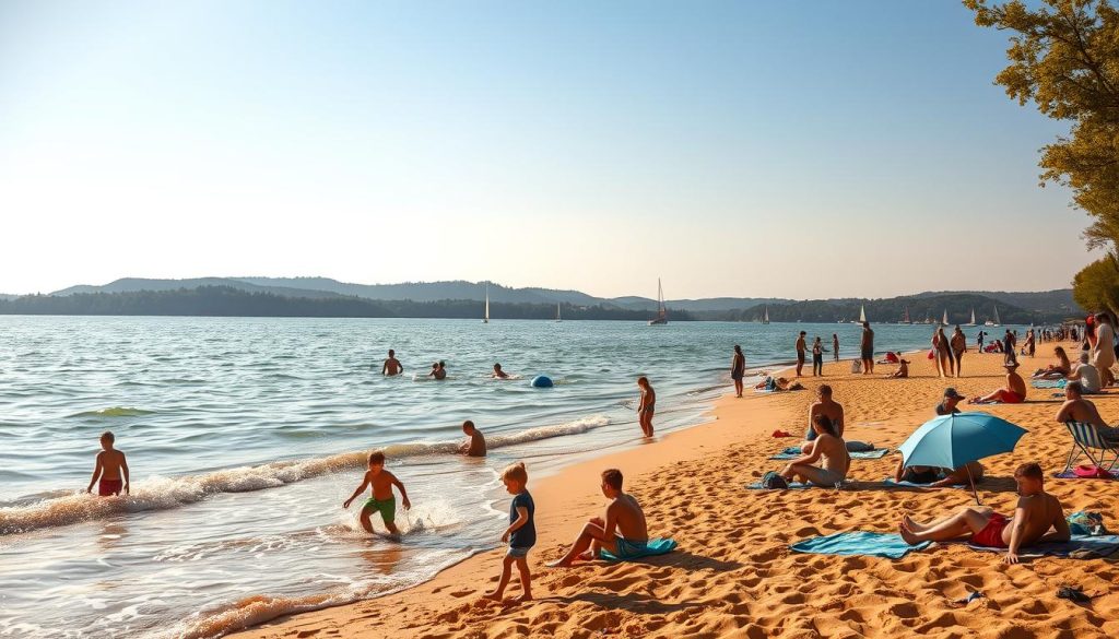 A sun-dappled beach on the shores of the Dnieper Reservoir, where families gather to enjoy a day of leisure. In the foreground, children splash in the gently lapping waves, their laughter echoing across the water. Colorful umbrellas and beach towels dot the golden sand, while adults recline, soaking up the warmth of the summer sun. Farther out, sailing boats glide across the tranquil surface, their white sails catching the breeze. The rolling hills of the opposite bank provide a verdant backdrop, trees swaying softly. Warm, diffused lighting bathes the scene in a serene, idyllic glow, inviting visitors to bask in the beauty of this picturesque location.