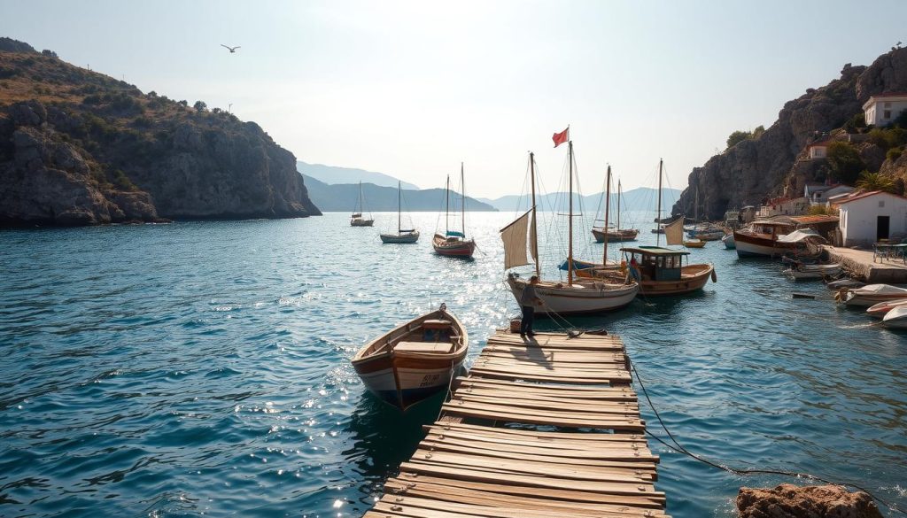 A sun-dappled coastal scene along the Black Sea, featuring a small fishing village nestled between rocky cliffs and azure waters. In the foreground, a weathered wooden pier extends into the calm sea, with local fishermen casting their lines or repairing their nets. The middle ground showcases traditional fishing boats gently rocking on the waves, their colorful hulls and billowing sails reflecting the warm Mediterranean light. In the distance, a backdrop of rolling hills and lush vegetation frames the idyllic seascape, hinting at the abundant natural beauty of the Crimean peninsula. An atmosphere of tranquility and timeless tradition pervades the scene, inviting the viewer to imagine the unique fishing experiences and unspoiled landscapes of the Black Sea region.