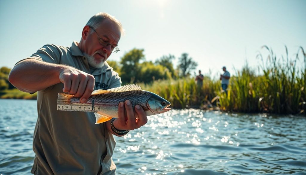 A sun-dappled lakeside scene, the water's surface rippling gently. In the foreground, a fisherman carefully measuring the length of a freshly caught fish against a ruler, his face etched with concentration. In the middle ground, a group of anglers patiently casting their lines, their rods silhouetted against the azure sky. The background showcases a lush, verdant shoreline, with reeds swaying in the breeze. The overall mood is one of tranquility and the quiet pursuit of an age-old pastime, conveying the essence of responsible recreational fishing and the regulations governing catch limits. Captured with a 50mm lens, the image has a natural, documentary-style feel, inviting the viewer to immerse themselves in this serene aquatic tableau.