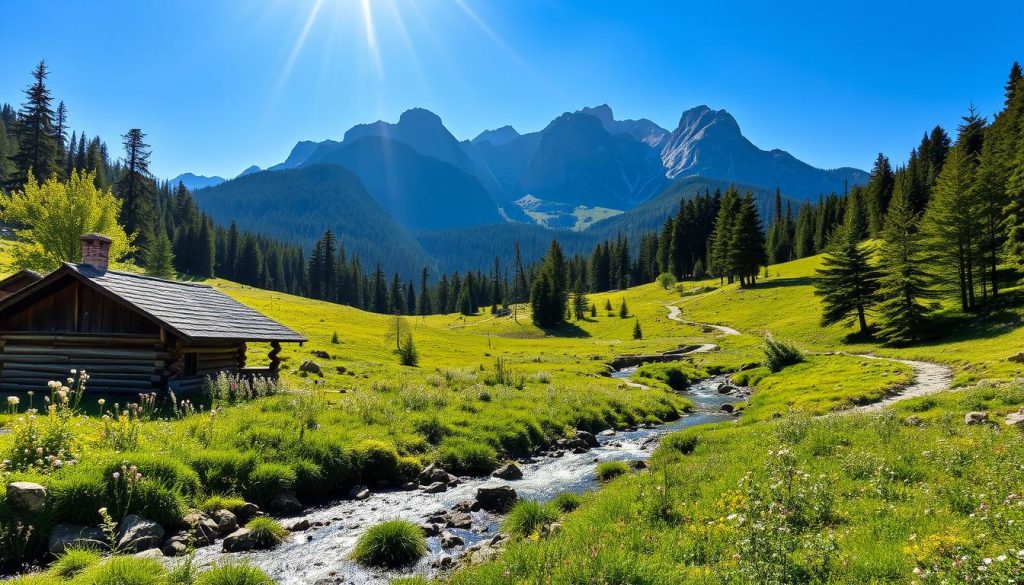 A sun-dappled meadow in the Carpathian mountains, where lush greenery meets towering peaks. In the foreground, a rustic cabin nestled among wildflowers, its wooden facade weathered by time. A sparkling stream winds through the scene, its gentle currents beckoning visitors to linger. The mid-ground is dotted with hiking trails, winding through dense forests of towering pines and ancient oaks. The background is dominated by the majestic Carpathian range, its jagged silhouette painted against a brilliant azure sky. The overall atmosphere is one of tranquility and natural beauty, inviting the viewer to imagine the perfect summer retreat.