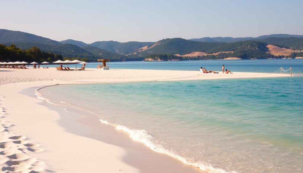 A sun-drenched beach scene, with a clearly delineated private and public area. In the foreground, pristine white sand and gently lapping waves, while the middle ground features a distinct boundary marked by ropes or fencing, separating the free public zone from the paid private section. Plush beach loungers, umbrellas, and cabanas dot the private area, hinting at the luxury and exclusivity offered. The background showcases a picturesque lakeside setting, with lush greenery and rolling hills. The lighting is warm and golden, evoking a sense of relaxation and leisure. The overall atmosphere conveys the contrast between the accessible public space and the premium private zone, capturing the essence of "Платные и бесплатные зоны на пляже".