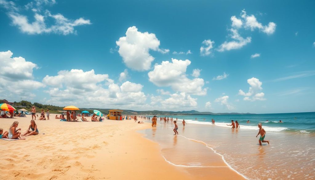 A sun-drenched beach with children at play, captured in a wide-angle lens that immerses the viewer in the scene. Families gather on the golden sand, building sandcastles, paddling in the gently lapping waves, and lounging under vibrant umbrellas. The sky is a brilliant azure, dotted with fluffy white clouds, creating a sense of warmth and tranquility. In the middle ground, beachside vendors offer refreshing treats, while in the distance, a picturesque coastline frames the serene, relaxing atmosphere. The overall mood is one of carefree summer bliss, with the children's laughter and the sound of the ocean creating a soothing, idyllic ambiance.