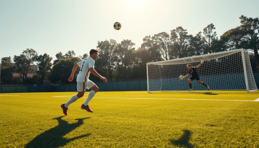 A sun-drenched football pitch, players gracefully weaving through the field, showcasing their technical mastery. In the foreground, a midfielder deftly controls the ball, their feet a blur of movement, as they evade defenders with precise dribbling. In the middle ground, a striker leaps, meeting the ball with a powerful header, the ball arcing through the air. In the background, the opposing team's goalkeeper dives, stretching to make a spectacular save, their kit fluttering in the wind. Soft shadows cast by the midday sun create depth and dimension, highlighting the players' fluid movements and the ball's trajectory. The scene radiates a sense of skill, passion, and the art of technical excellence in football.