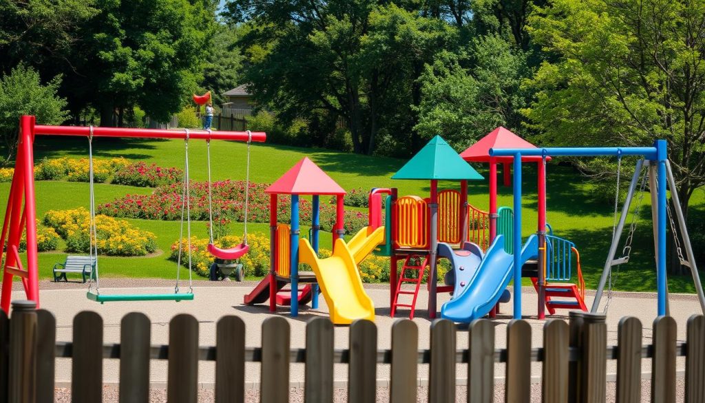A sunny outdoor playground, complete with a colorful array of modern play equipment. Swings, slides, and climbing structures invite children of all ages to explore and have fun. The background features a lush green landscape, with vibrant flowers and trees providing a natural, inviting setting. The lighting is soft and diffused, creating a warm, welcoming atmosphere. A wooden fence or border surrounds the play area, giving a sense of safety and enclosure. The overall composition conveys a peaceful, family-friendly environment perfect for a relaxing fishing vacation.
