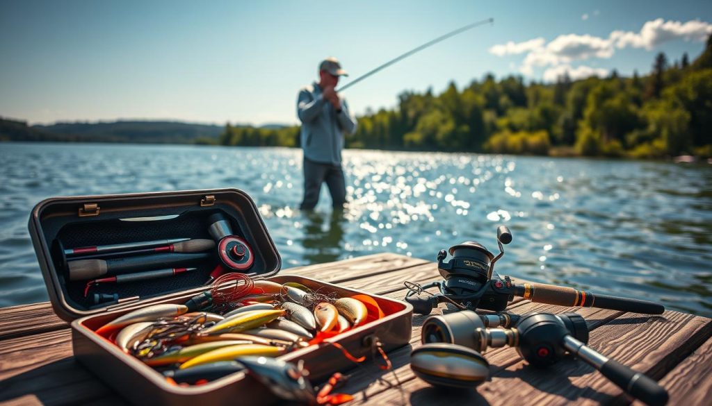 A sunny outdoor scene featuring a well-stocked fishing tackle box open on a wooden dock, showcasing an array of carefully selected lures, hooks, rods, and reels in the foreground. In the middle ground, an experienced angler stands waist-deep in the shimmering waters of Kyiv Reservoir, expertly casting a line with a lightweight graphite rod. The background depicts the serene landscape surrounding the reservoir, with lush green foliage and a clear blue sky overhead, conveying a sense of tranquility and the joy of the sport. The overall mood is one of anticipation and the promise of a successful, rewarding fishing expedition.