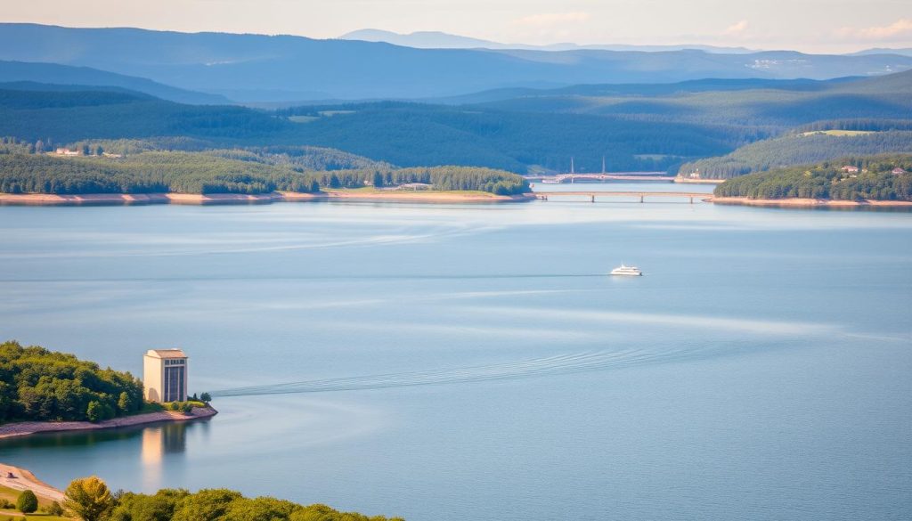A sweeping view of Kyiv Reservoir, its vast expanse of calm waters reflecting the surrounding landscape. In the foreground, a hydroelectric power plant stands as a testament to the reservoir's role in energy production, its sleek modern design juxtaposed with the lush greenery of the shoreline. In the middle ground, recreational boats dot the surface, highlighting the reservoir's diverse uses. The background is dominated by rolling hills and distant forests, creating a picturesque natural setting. The scene is bathed in warm, golden sunlight, conveying a sense of tranquility and the reservoir's integration with the local environment.